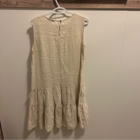 LIKE NEW 100% Italian Linen Tank Dress with Feather Accents Size Small Cream - Picture 7 of 8
